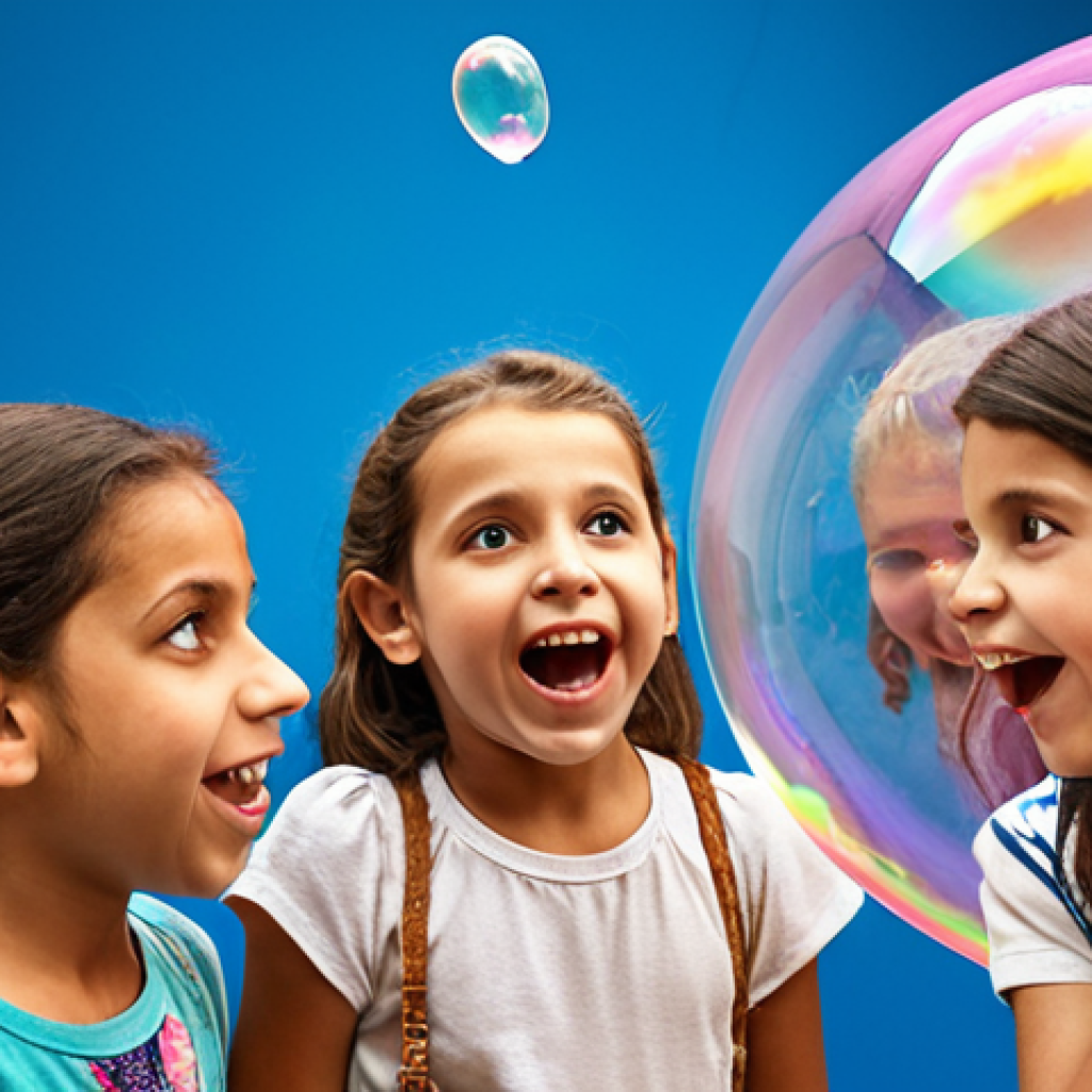 **Prompt:** A brightly colored, interactive exhibit at the Israel Museum of Science and Technology, showcasing children of various ages enthusiastically engaging with a giant soap bubble, their faces filled with wonder and excitement. The background should be slightly blurred to focus on the children and the bubble.