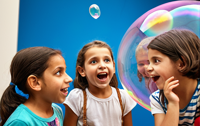 **Prompt:** A brightly colored, interactive exhibit at the Israel Museum of Science and Technology, showcasing children of various ages enthusiastically engaging with a giant soap bubble, their faces filled with wonder and excitement. The background should be slightly blurred to focus on the children and the bubble.