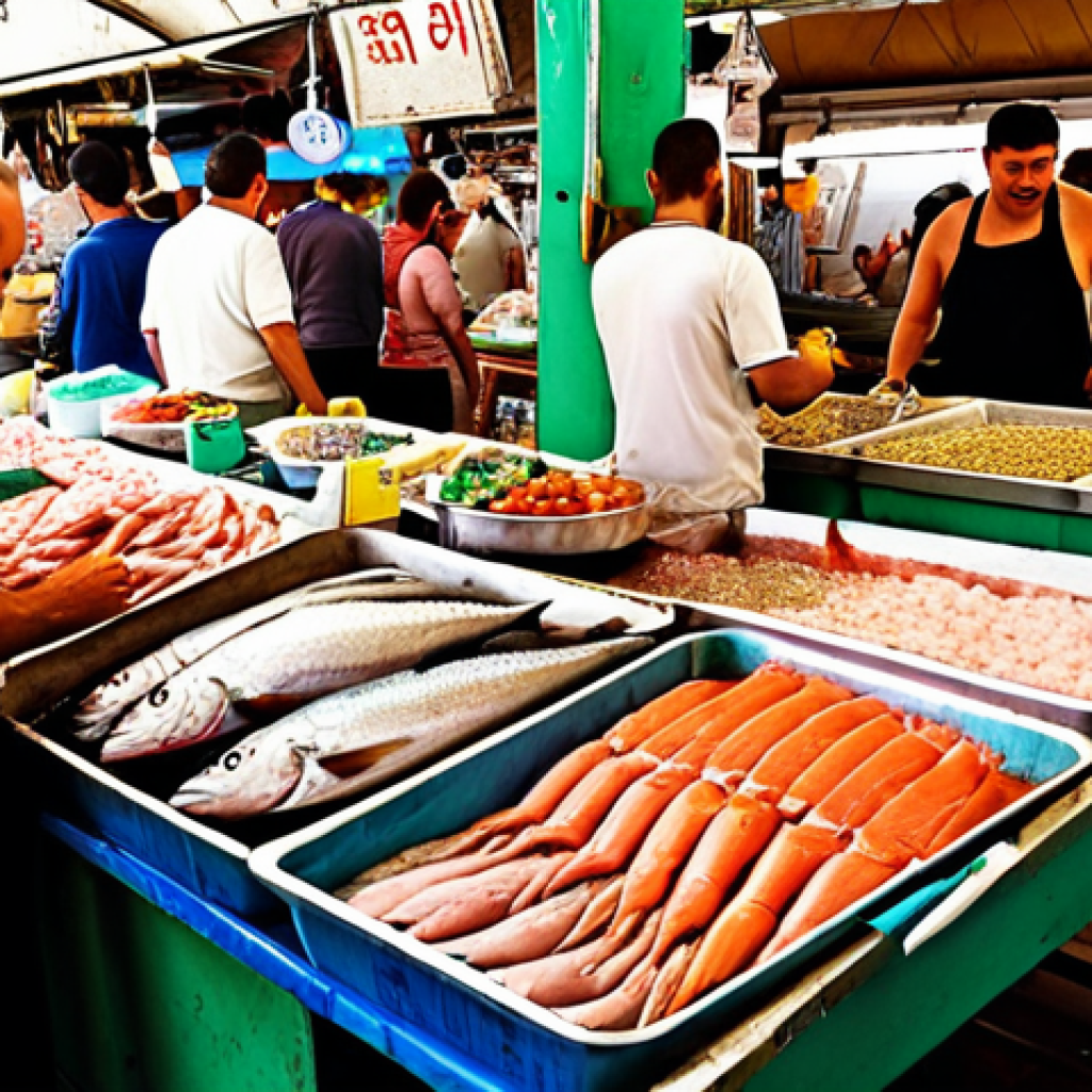 **

A vibrant, bustling fish market scene at Tel Aviv's Carmel Market. Focus on the variety of fresh seafood, friendly vendors, and the market's overall energetic atmosphere. Include elements like fresh tuna, salmon, exotic seafood, smoked fish, and pickled olives. Capture the essence of the market's sights, sounds, and smells.

**