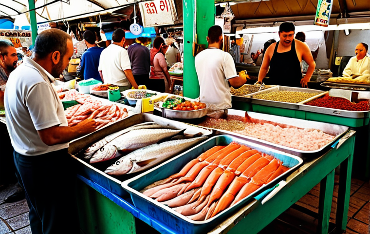**
A vibrant, bustling fish market scene at Tel Aviv's Carmel Market. Focus on the variety of fresh seafood, friendly vendors, and the market's overall energetic atmosphere. Include elements like fresh tuna, salmon, exotic seafood, smoked fish, and pickled olives. Capture the essence of the market's sights, sounds, and smells.
**