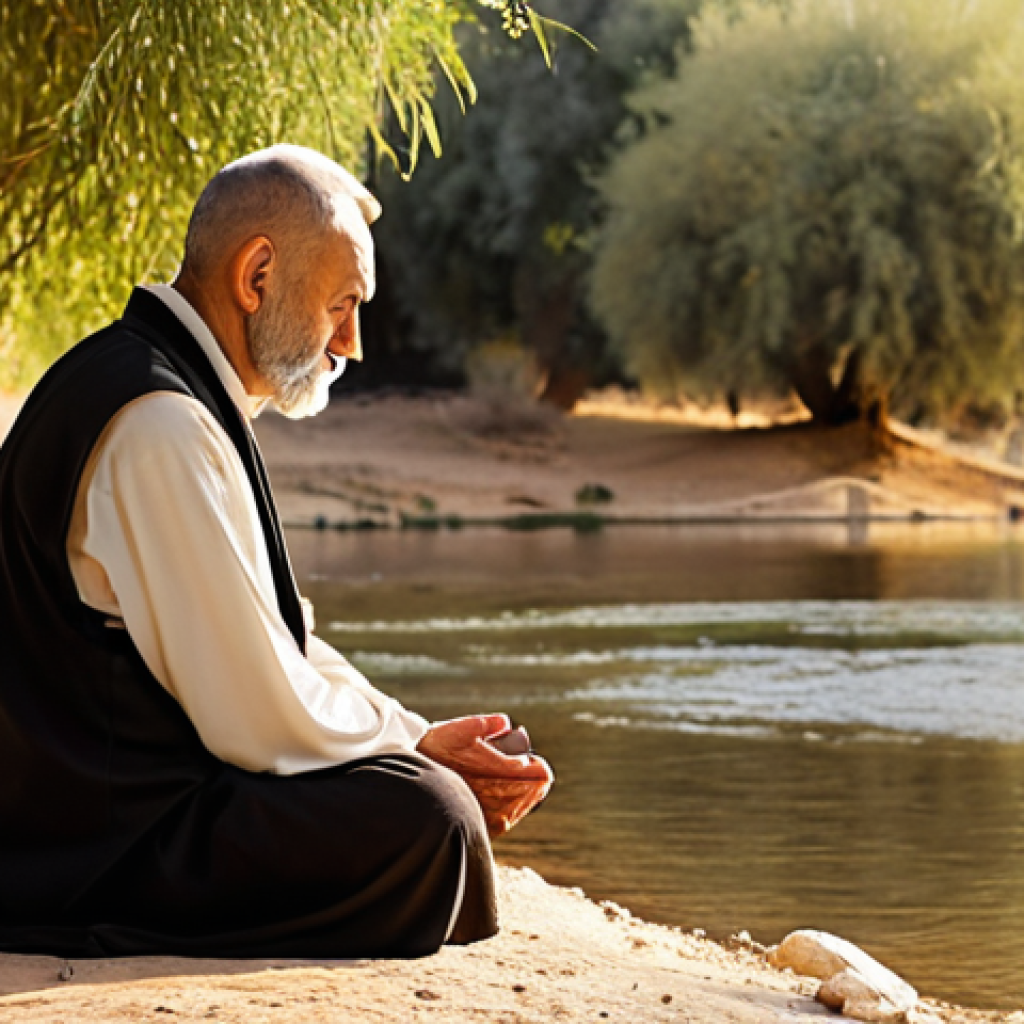 **Prompt:** A serene and spiritual scene on the banks of the Jordan River, outside of the main baptismal site. An older man with a peaceful and confident expression is praying in the morning light. Soft, warm colors, natural lighting. Focus on conveying a sense of deep faith and connection to nature.