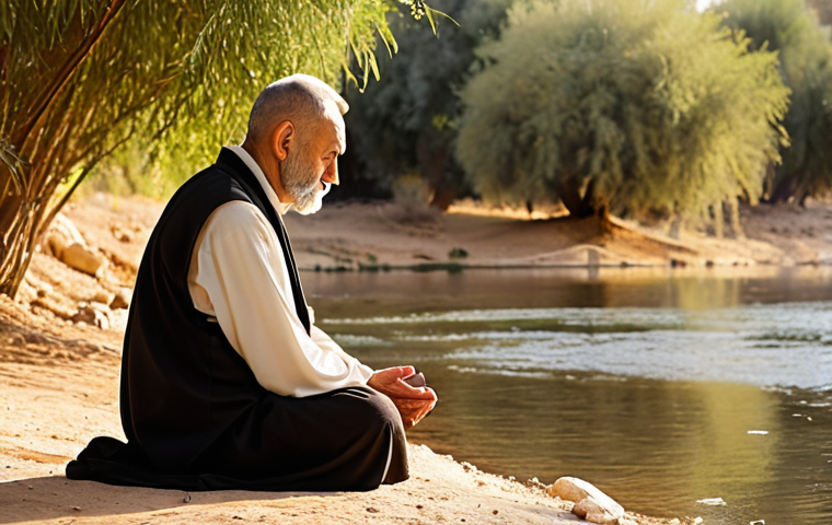 **Prompt:** A serene and spiritual scene on the banks of the Jordan River, outside of the main baptismal site. An older man with a peaceful and confident expression is praying in the morning light. Soft, warm colors, natural lighting. Focus on conveying a sense of deep faith and connection to nature.