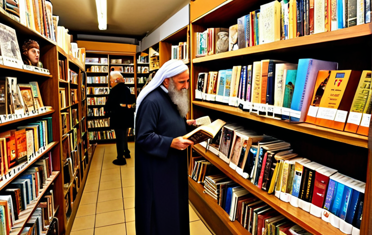 **
A cozy, independent bookstore in Tel Aviv. Warm lighting illuminates shelves filled with Hebrew books, some with colorful, modern covers and others with more traditional designs. A diverse group of people – young and old, religious and secular – browse the shelves, some holding books and chatting quietly. In the background, a poster advertises a reading by a local Israeli author. The overall feeling is one of community, intellectual curiosity, and the vibrant mix of old and new that characterizes Israeli culture.
**
