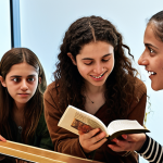 A vibrant scene within an Israeli intellectual hub, where ancient traditions meet modern thought. Diverse individuals of all ages are engaged in spirited dialogue, some holding old texts while others interact with contemporary digital interfaces. The setting is a dynamic space that seamlessly blends elements of traditional Israeli architecture with modern, minimalist design, bathed in warm, inviting light. This image captures the essence of a deep-rooted conversational culture and collective knowledge generation.