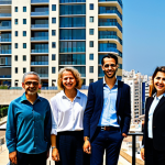 A diverse group of people, fully clothed in modern, modest, and professional attire, enjoying the vibrant atmosphere of Tel Aviv. The background features a blend of modern high-rise buildings and distinct Bauhaus architecture, with a hint of the Mediterranean coastline and a sunny sky. The scene is full of dynamic urban energy, depicting a bustling yet relaxed city life. Perfect anatomy, correct proportions, natural pose, well-formed hands, proper finger count, natural body proportions, safe for work, appropriate content, family-friendly, high quality professional photography.