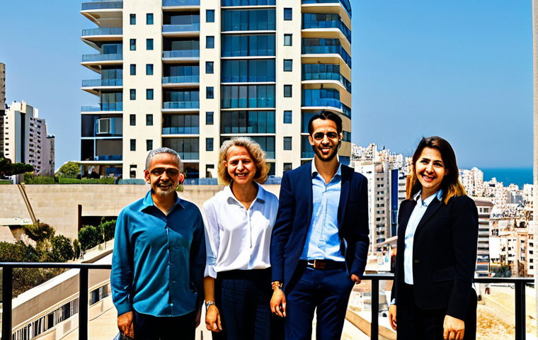 A diverse group of people, fully clothed in modern, modest, and professional attire, enjoying the vibrant atmosphere of Tel Aviv. The background features a blend of modern high-rise buildings and distinct Bauhaus architecture, with a hint of the Mediterranean coastline and a sunny sky. The scene is full of dynamic urban energy, depicting a bustling yet relaxed city life. Perfect anatomy, correct proportions, natural pose, well-formed hands, proper finger count, natural body proportions, safe for work, appropriate content, family-friendly, high quality professional photography.