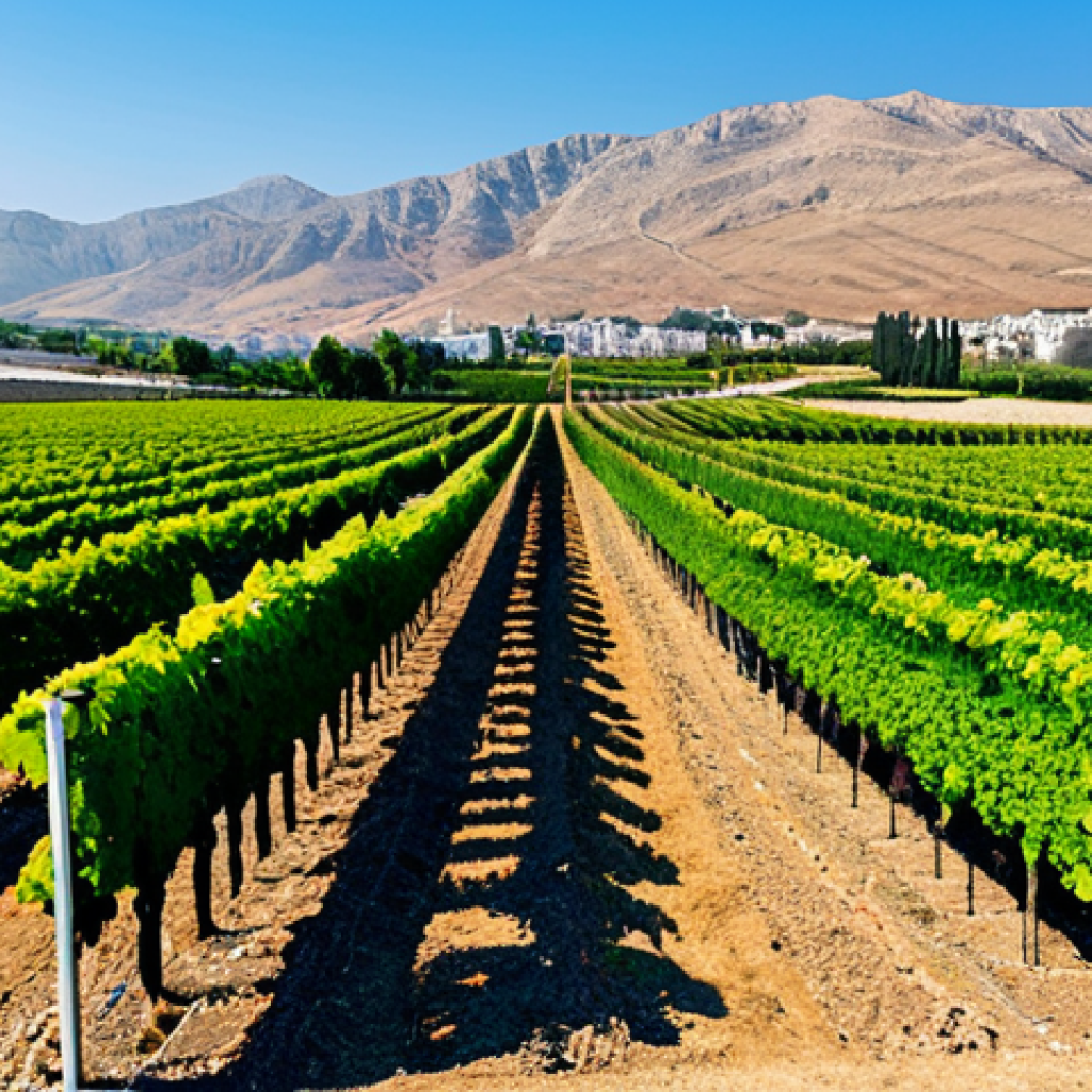 A professional, wide-angle landscape shot of a modern Israeli vineyard, capturing the diverse terroir. Healthy green grapevines with visible precision drip irrigation lines extend into the midground, set against a backdrop of distant, rugged mountains under a clear blue sky. The scene emphasizes the harmonious blend of cutting-edge technology and challenging natural conditions, showcasing resilience and innovation. fully clothed, modest clothing, appropriate attire, safe for work, perfect anatomy, correct proportions, natural pose, professional photography, high quality.