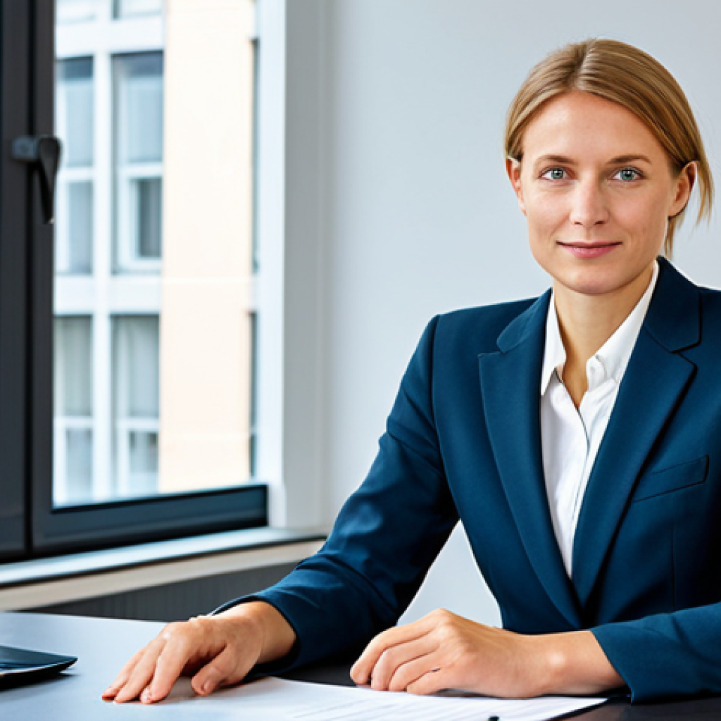 **

"A professional German businesswoman in a modest business suit, sitting at a desk in a modern Berlin office, fully clothed, appropriate attire, safe for work, perfect anatomy, natural proportions, professional photography, high quality, daylight."

**