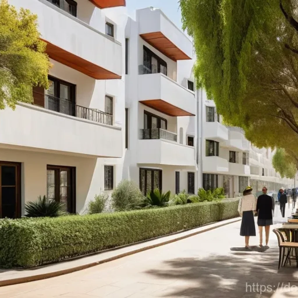 이스라엘의 현대 건축물 - **Bauhaus Elegance in Tel Aviv's White City:**
    "A sunny street scene in Tel Aviv's 'White City',...
