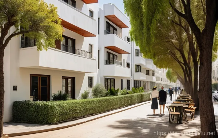 이스라엘의 현대 건축물 - **Bauhaus Elegance in Tel Aviv's White City:**
    "A sunny street scene in Tel Aviv's 'White City',...