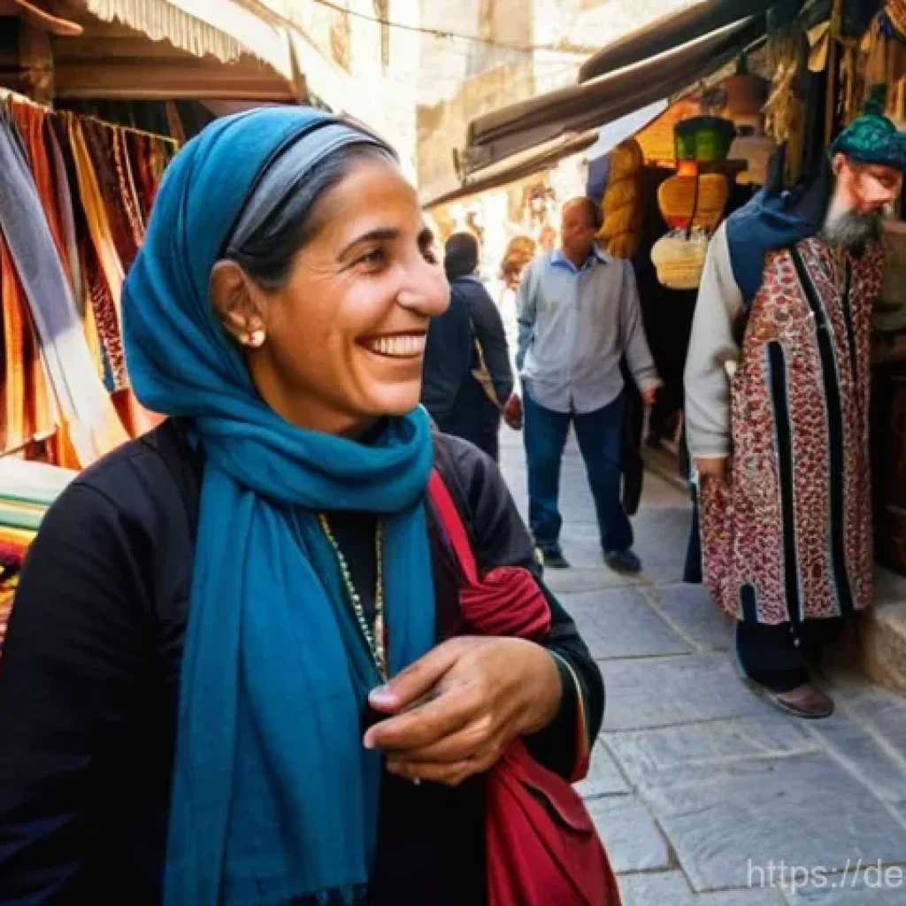 이스라엘의 관광객을 위한 안전 정보 - **Prompt:** A female traveler, respectfully dressed in modest clothing covering her shoulders and kn...