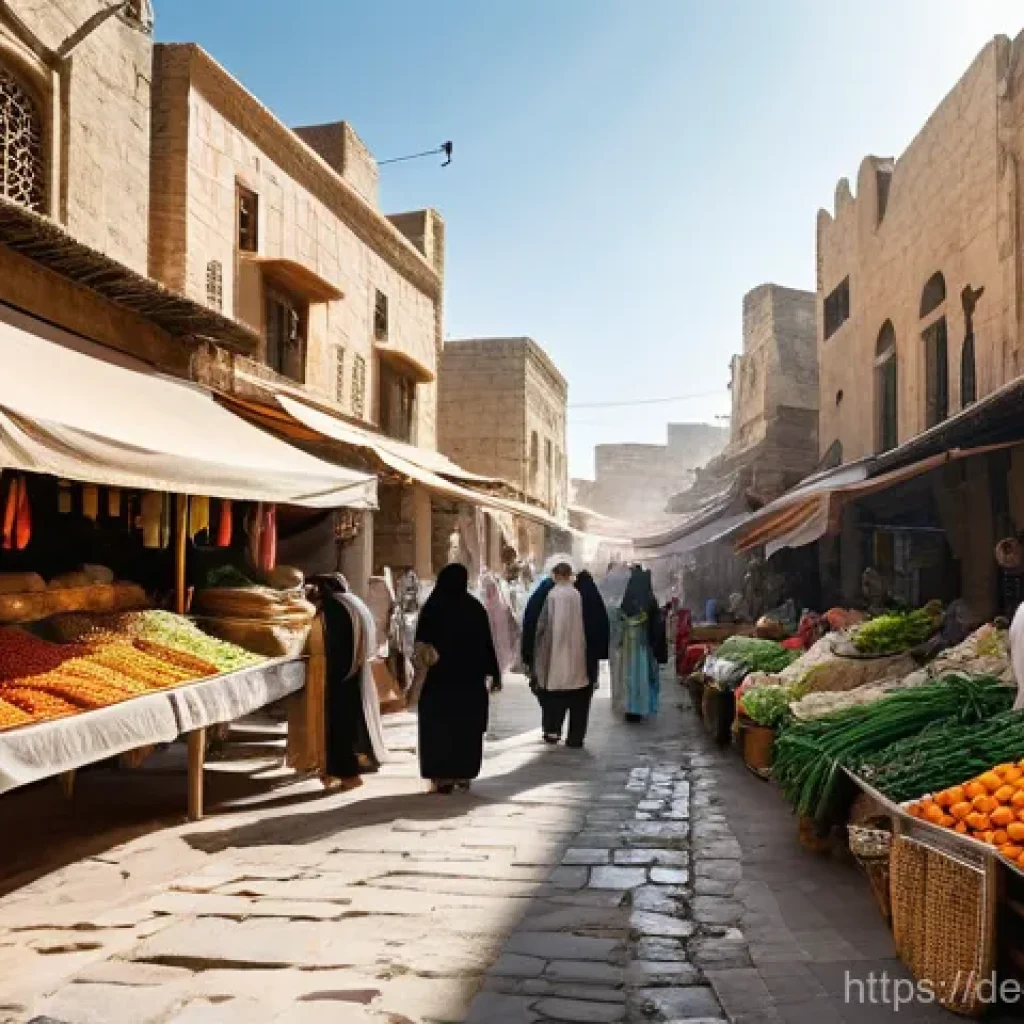 이스라엘의 정치적 분쟁 지역 - **A Vibrant Marketplace of Resilience:** A bustling outdoor market scene in a historical Middle East...