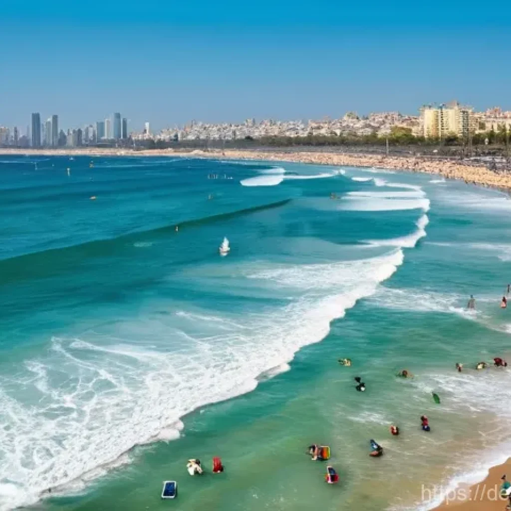 이스라엘의 서핑 명소 - **Prompt 1: Vibrant Tel Aviv Beach Life**
    "A bustling and sunny beach scene at Hilton Beach in T...