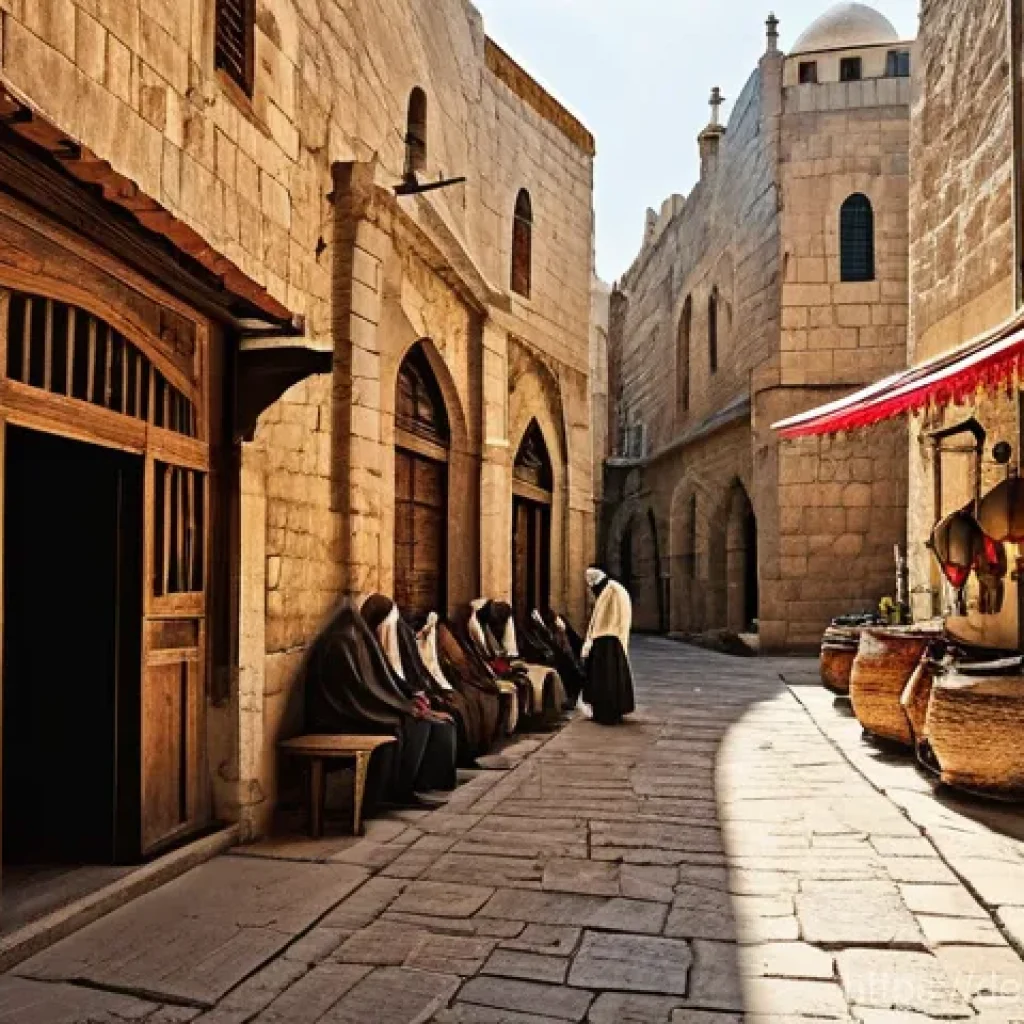 이스라엘 성지 순례 주요 코스 - **Jerusalem's Sacred Alleys and Grand Church Entrance**
    A highly detailed, cinematic scene set i...
