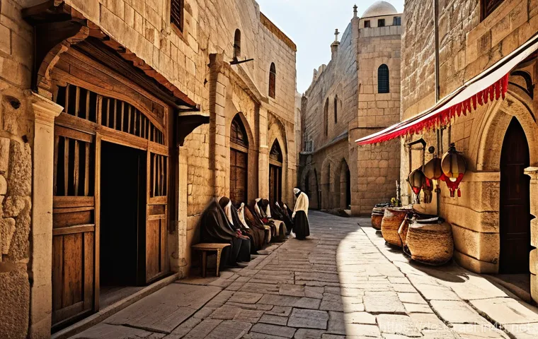 이스라엘 성지 순례 주요 코스 - **Jerusalem's Sacred Alleys and Grand Church Entrance**
    A highly detailed, cinematic scene set i...
