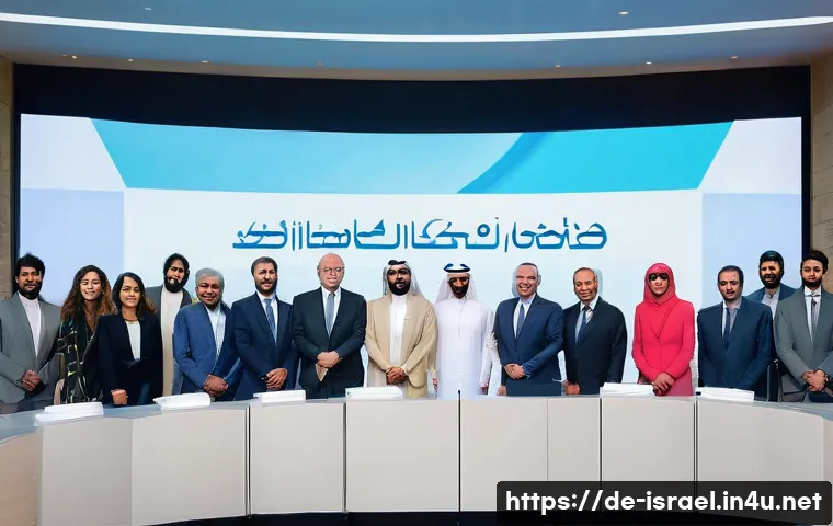 이스라엘과 주변국의 외교 관계 - **Prompt:** A diverse group of Middle Eastern and Israeli diplomats, men and women of various ages, ...