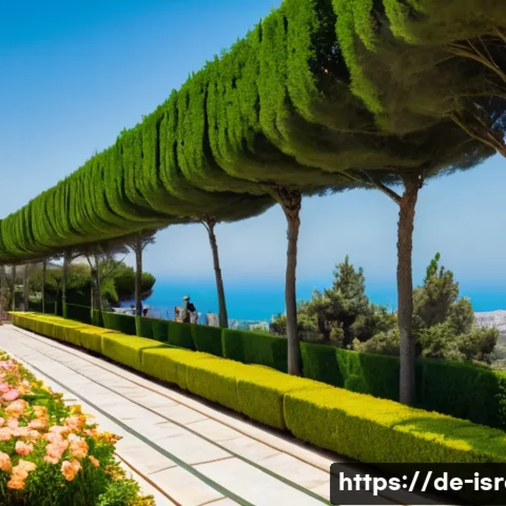 이스라엘의 명소  바하이 정원 - **Prompt:** A breathtaking, wide-angle panoramic view of the Baháʼí Gardens in Haifa, Israel, bathed...