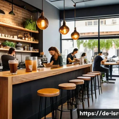 이스라엘의 카페 문화 - A modern Israeli café interior in Tel Aviv during daytime, featuring large floor-to-ceiling windows ...