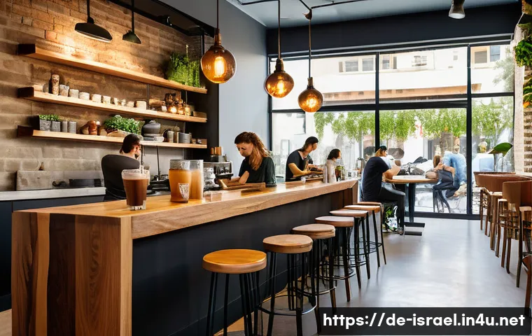 이스라엘의 카페 문화 - A modern Israeli café interior in Tel Aviv during daytime, featuring large floor-to-ceiling windows ...
