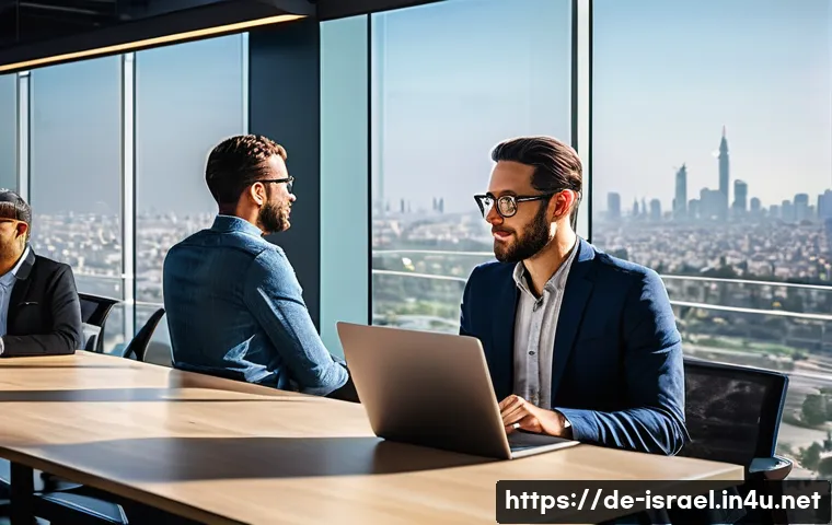 이스라엘의 고대 역사와 현대화의 융합 - A bustling Tel Aviv start-up hub interior, showcasing diverse young professionals collaborating over...