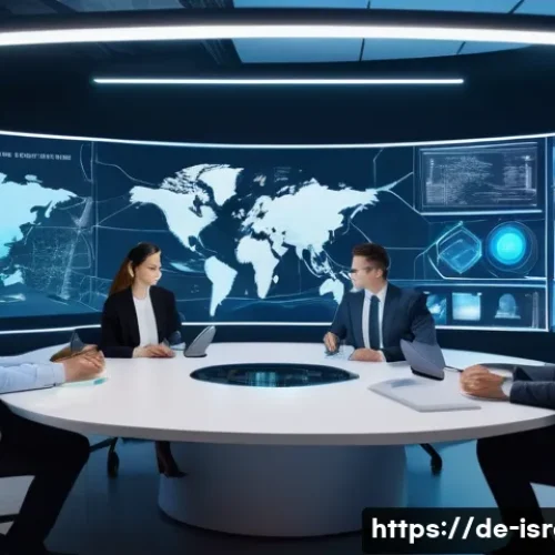 이스라엘 북미 간 무역 교류 - A high-tech collaborative workspace showing diverse Israeli and North American professionals discuss...