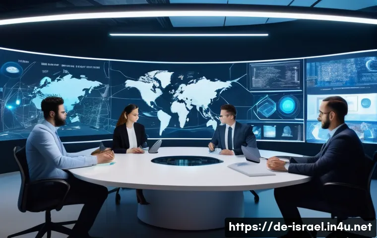 이스라엘 북미 간 무역 교류 - A high-tech collaborative workspace showing diverse Israeli and North American professionals discuss...