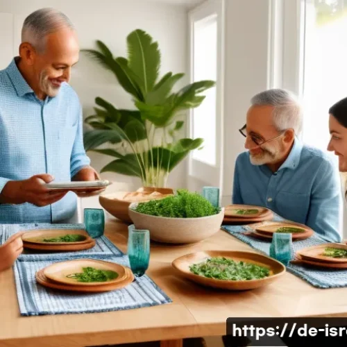 이스라엘의 주요 전통 축제와 현대적 변화 - A modern Passover Seder scene in a bright, cozy Israeli home, featuring a diverse family gathered ar...