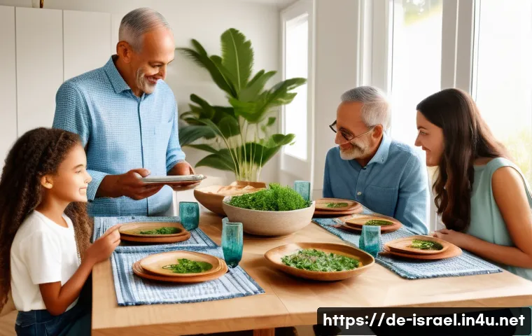 이스라엘의 주요 전통 축제와 현대적 변화 - A modern Passover Seder scene in a bright, cozy Israeli home, featuring a diverse family gathered ar...