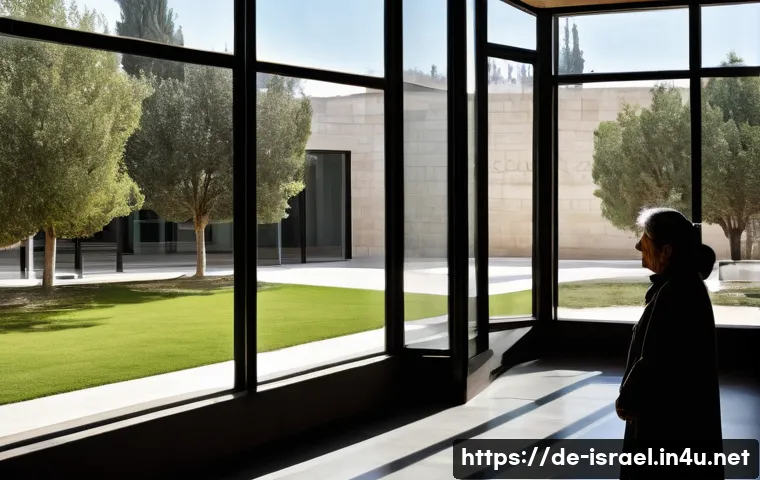 이스라엘 역사 박물관  예루살렘의 홀로코스트 박물관 - A solemn and contemplative interior view of the Holocaust Memorial Center in Jerusalem, featuring cl...