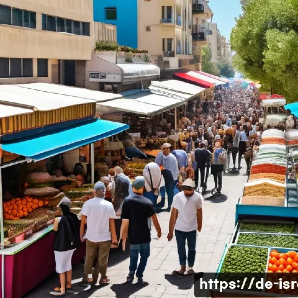 이스라엘의 고대 및 현대 조화된 문화 - A vibrant street market scene in Tel Aviv during daytime, showcasing colorful stalls filled with fre...