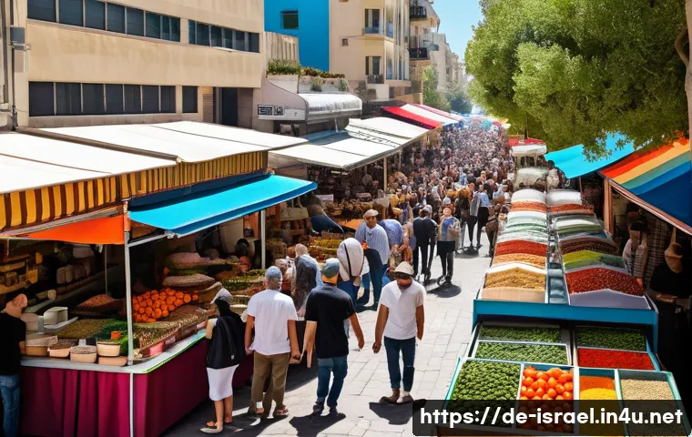 이스라엘의 고대 및 현대 조화된 문화 - A vibrant street market scene in Tel Aviv during daytime, showcasing colorful stalls filled with fre...