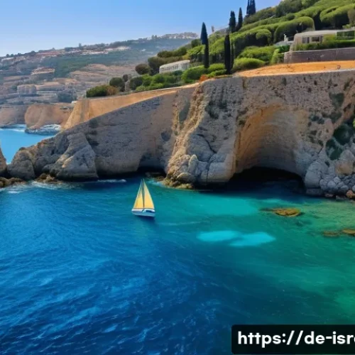 Home 31 이스라엘에서의 선박 투어 - A serene Mediterranean coastal scene off Israel’s shore near Haifa, featuring a small elegant sailbo...