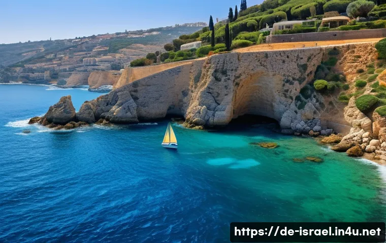 이스라엘에서의 선박 투어 - A serene Mediterranean coastal scene off Israel’s shore near Haifa, featuring a small elegant sailbo...