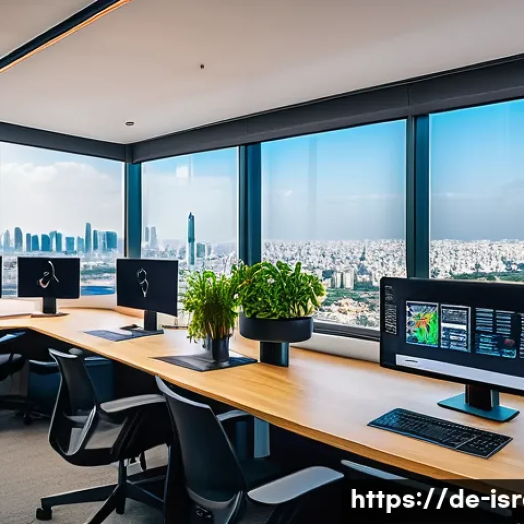 이스라엘 정부의 해외 투자 정책 - A modern Israeli tech startup office scene in Tel Aviv, featuring diverse professionals collaboratin...