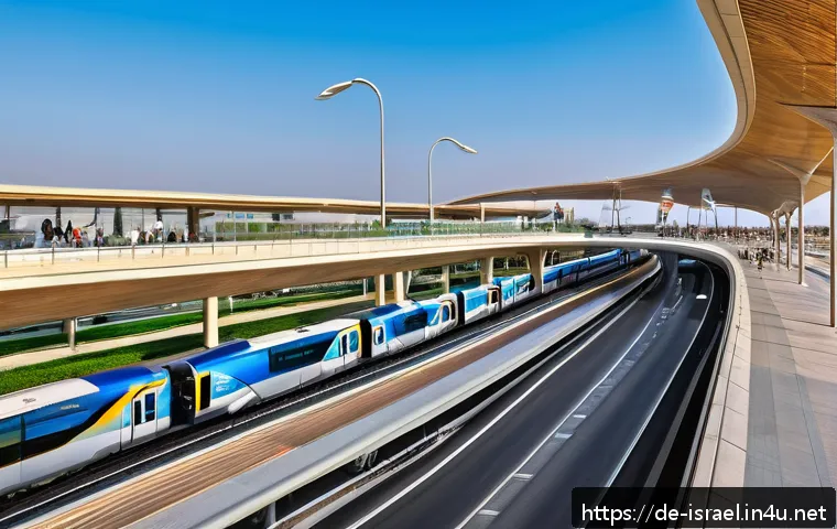 이스라엘의 관광업과 경제적 기여 - A vibrant modern transportation hub in Israel featuring sleek new highways, advanced railway lines, ...