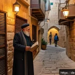 이스라엘 역사적 성지 순례 - A narrow, ancient alleyway in Jerusalem&rsquo;s Old City Jewish Quarter during golden hour, featuring weat...