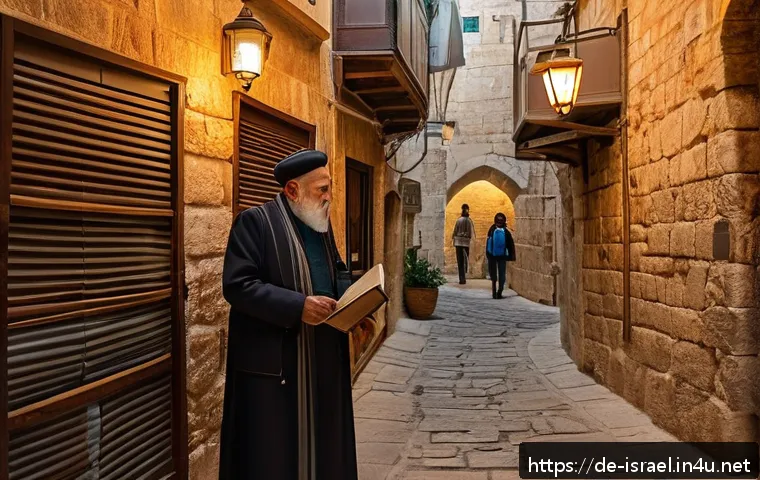 이스라엘 역사적 성지 순례 - A narrow, ancient alleyway in Jerusalem&rsquo;s Old City Jewish Quarter during golden hour, featuring weat...