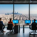 이스라엘의 미디어 산업 발전 - A modern Israeli media startup office scene featuring diverse young professionals collaborating on A...