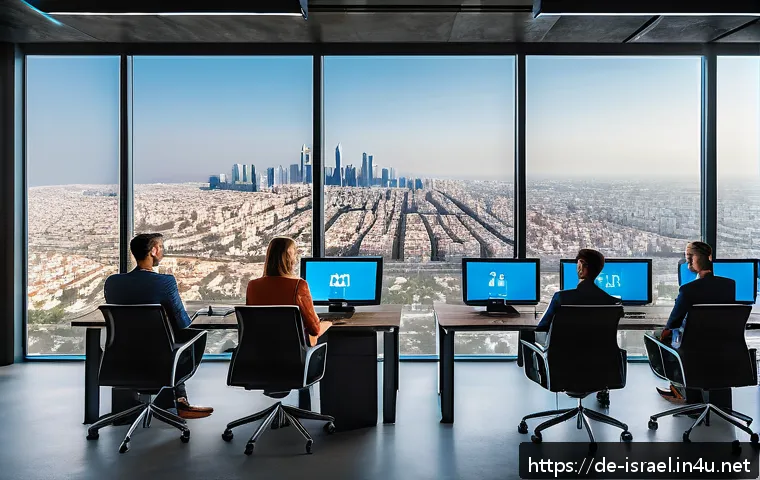 이스라엘의 미디어 산업 발전 - A modern Israeli media startup office scene featuring diverse young professionals collaborating on A...