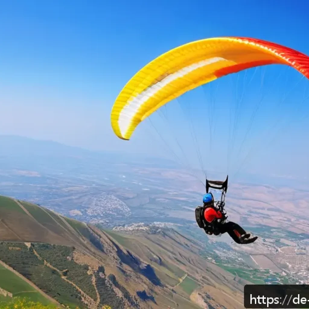 이스라엘에서 할 수 있는 익스트림 스포츠 - A dynamic scene of a paraglider soaring over the Hermon mountain range in Israel during spring, with...