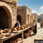 이스라엘 역사 투어 가이드 - A bustling ancient city street in Israel during the Roman period, showing layered architecture with ...