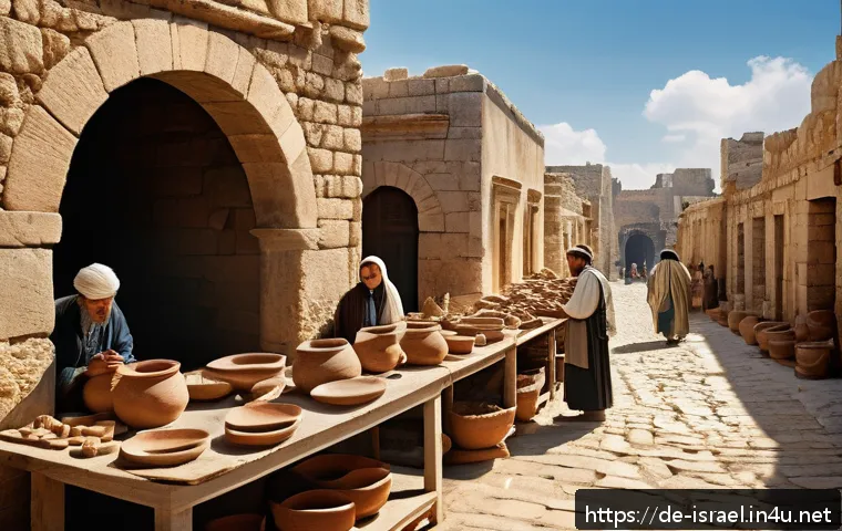 이스라엘 역사 투어 가이드 - A bustling ancient city street in Israel during the Roman period, showing layered architecture with ...