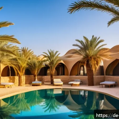 이스라엘의 사막 지형과 여행 방법 - A serene desert oasis in Israel at golden hour, featuring a lush green palm grove surrounding a clea...