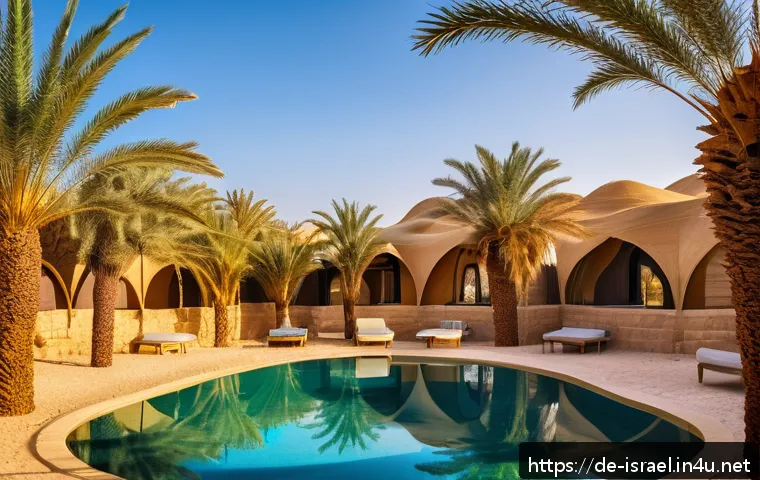 이스라엘의 사막 지형과 여행 방법 - A serene desert oasis in Israel at golden hour, featuring a lush green palm grove surrounding a clea...