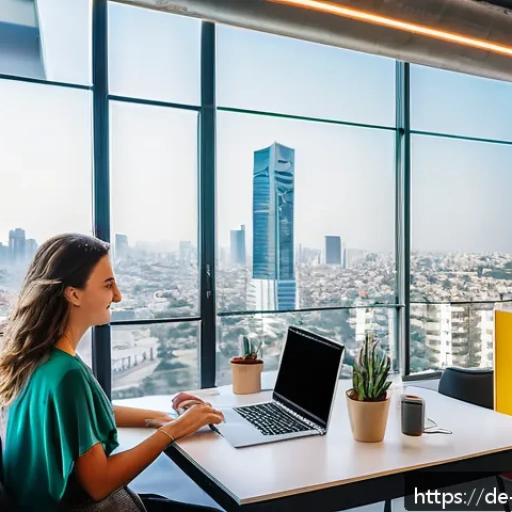 이스라엘에서의 최신 관광 트렌드 - A vibrant, futuristic co-working space in Tel Aviv filled with diverse young entrepreneurs collabora...