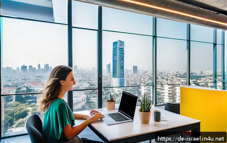 이스라엘에서의 최신 관광 트렌드 - A vibrant, futuristic co-working space in Tel Aviv filled with diverse young entrepreneurs collabora...