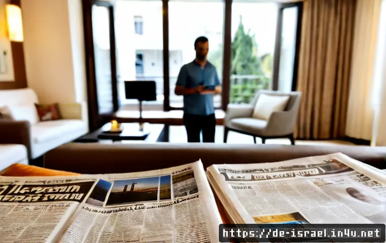 Home 17 이스라엘에서 자주 나오는 신문 및 언론사 - Photorealistic editorial scene of a German-speaking traveler in a quiet Tel Aviv hotel lounge compar...