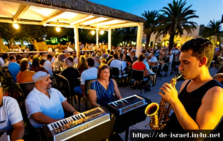 Home 17 이스라엘의 재즈 페스티벌 - Photorealistic evening jazz festival in Tel Aviv, Israel, a skilled saxophonist performing on an ope...