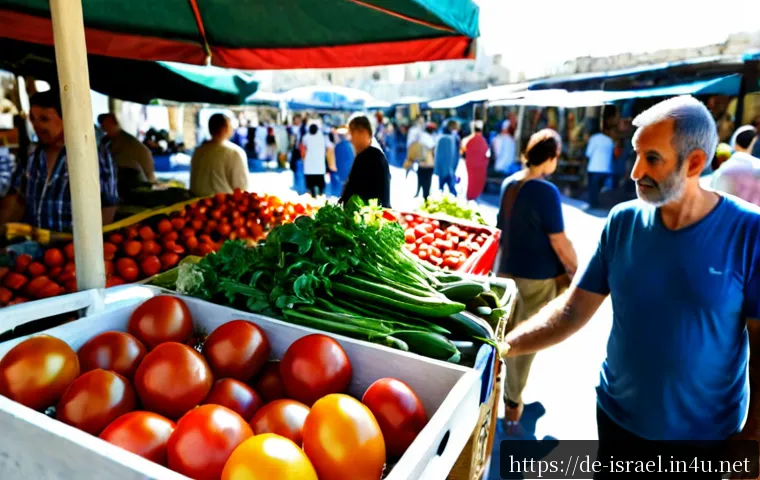 Home 17 이스라엘에서의 채식주의 라이프스타일 - Photorealistic vegetarian lifestyle in Israel, sunlit open-air market in Tel Aviv, a middle-aged Ger...