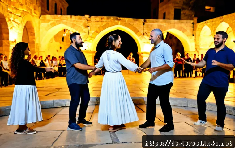 이스라엘의 전통 음악과 춤 - Photorealistic evening scene of Israeli traditional folk dancers holding hands in a joyful circle da...